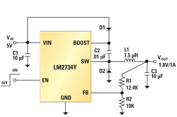 A typical application diagram for a regulator with integrated power MOSFETs Regulator application diagram